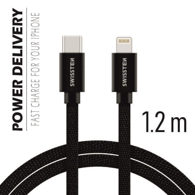 Textilný dátový kábel Swissten USB-C / LIGHTNING 1,2 M  - čierny